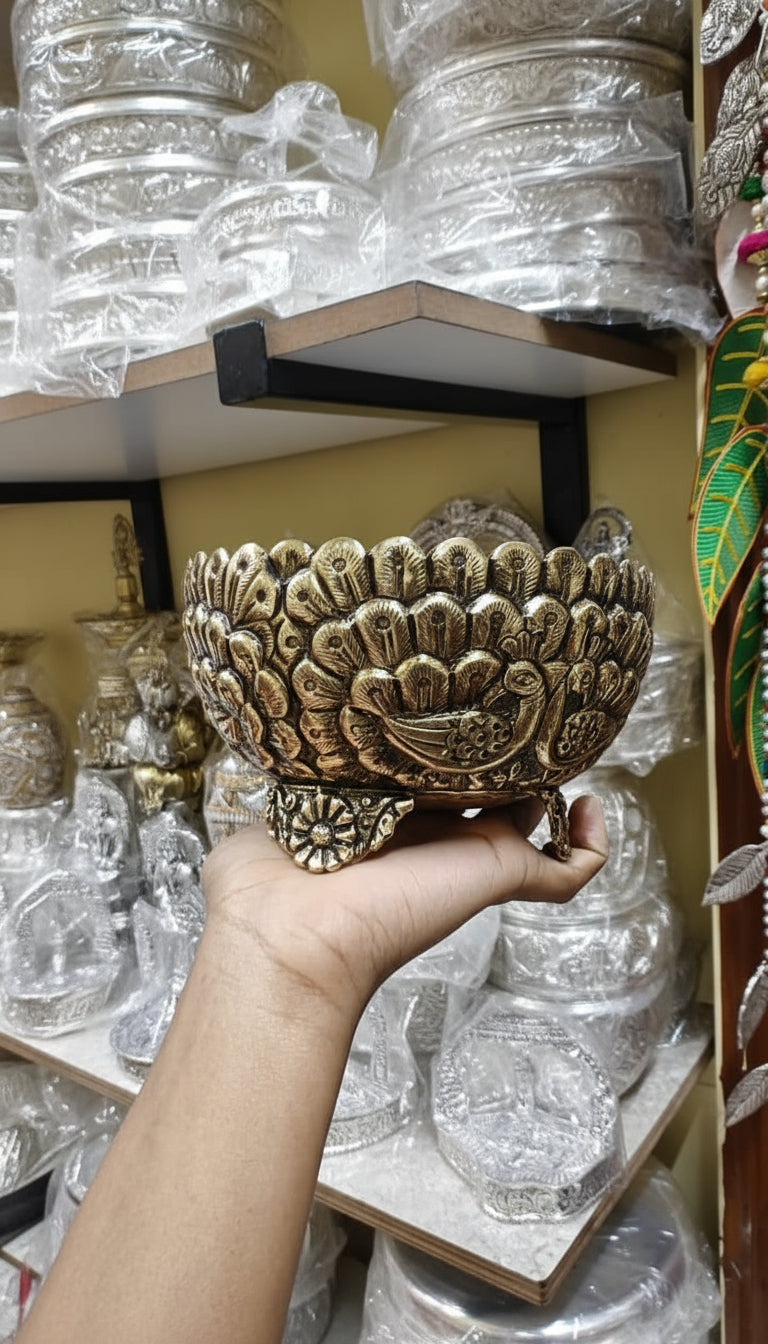 Brass Antique Finish peacock Feather design bowl 5 inches width for sweets/ snacks/ gift item